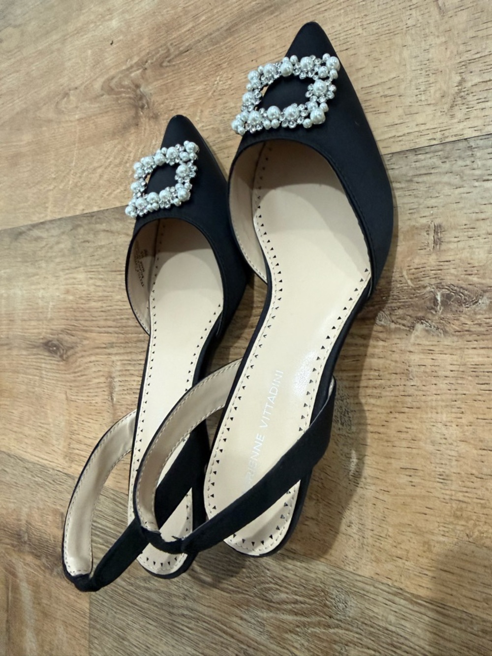 Adrienne Vittadini Black Pointed Slingback Flats with Crystal Buckle
